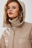 Roma Women's Beige Hooded Double-Sided Oversize Leather Jacket | Derimod Roma Women's Beige Hooded Double-Sided Oversize Leather Jacket | Derimod