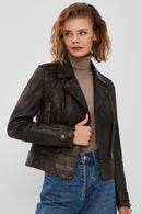 Newyork Women's Brown Vintage Biker Leather Jacket | Derimod Newyork Women's Brown Vintage Biker Leather Jacket | Derimod