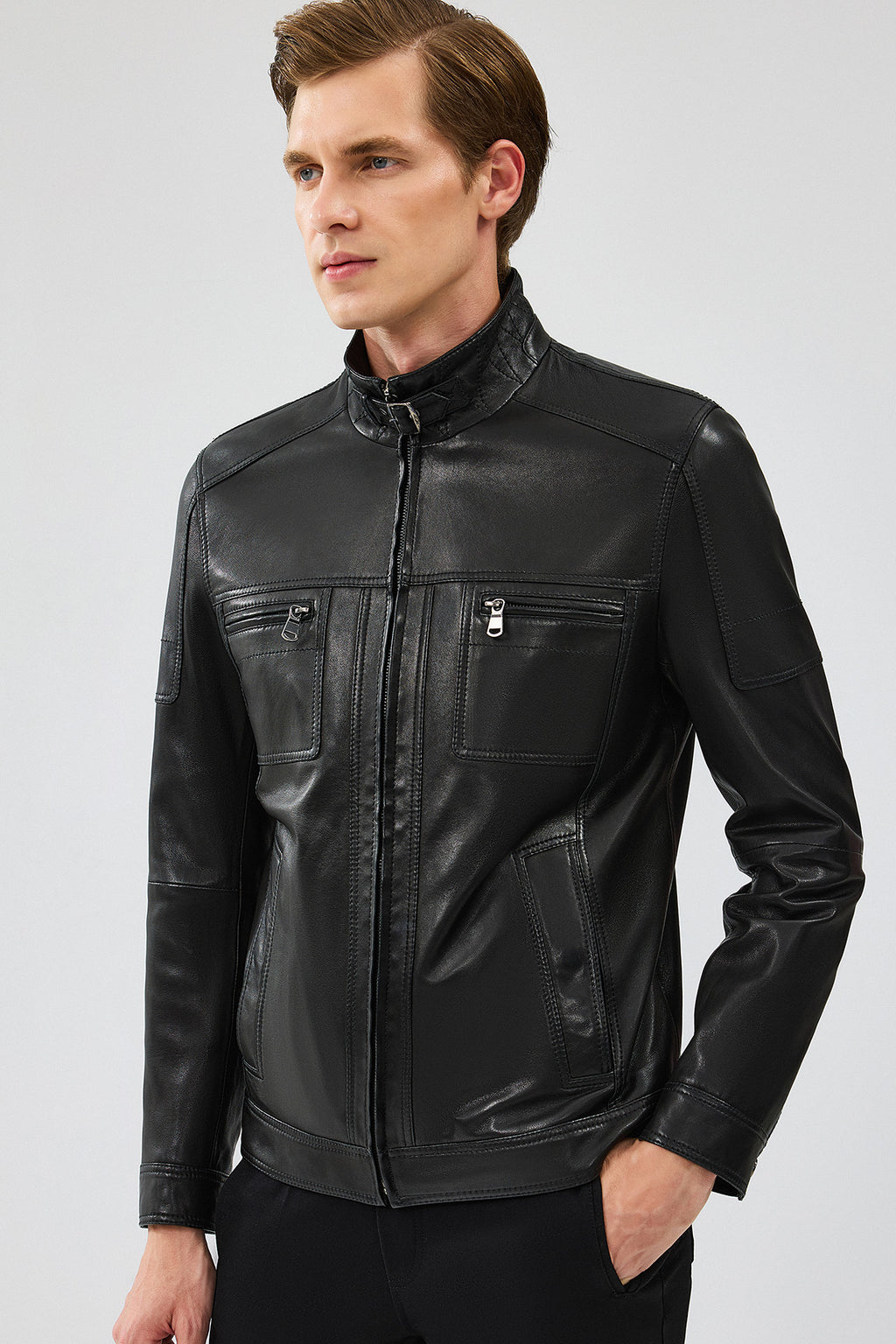 Wade Erkek Siyah Slim-Fit Deri Mont