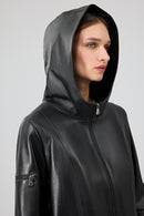Cindy Women's Black Hooded Leather Coat | Derimod Cindy Women's Black Hooded Leather Coat | Derimod