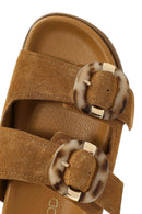 Women's Tan Double Buckle Suede Leather Slippers | Derimod Women's Tan Double Buckle Suede Leather Slippers | Derimod