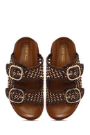 Women's Multi-Colored Double Buckled Straw Leather Slippers | Derimod Women's Multi-Colored Double Buckled Straw Leather Slippers | Derimod