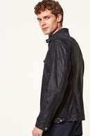 Maxim Men's Navy Blue Suede Printed Leather Jacket | Derimod Maxim Men's Navy Blue Suede Printed Leather Jacket | Derimod