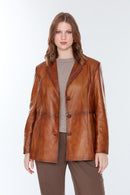 Barbara Women's Camel Plus Size Leather Jacket | Derimod Barbara Women's Camel Plus Size Leather Jacket | Derimod