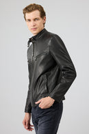 Jefferson Men's Black Stand Collar Slim-Fit Leather Jacket | Derimod Jefferson Men's Black Stand Collar Slim-Fit Leather Jacket | Derimod