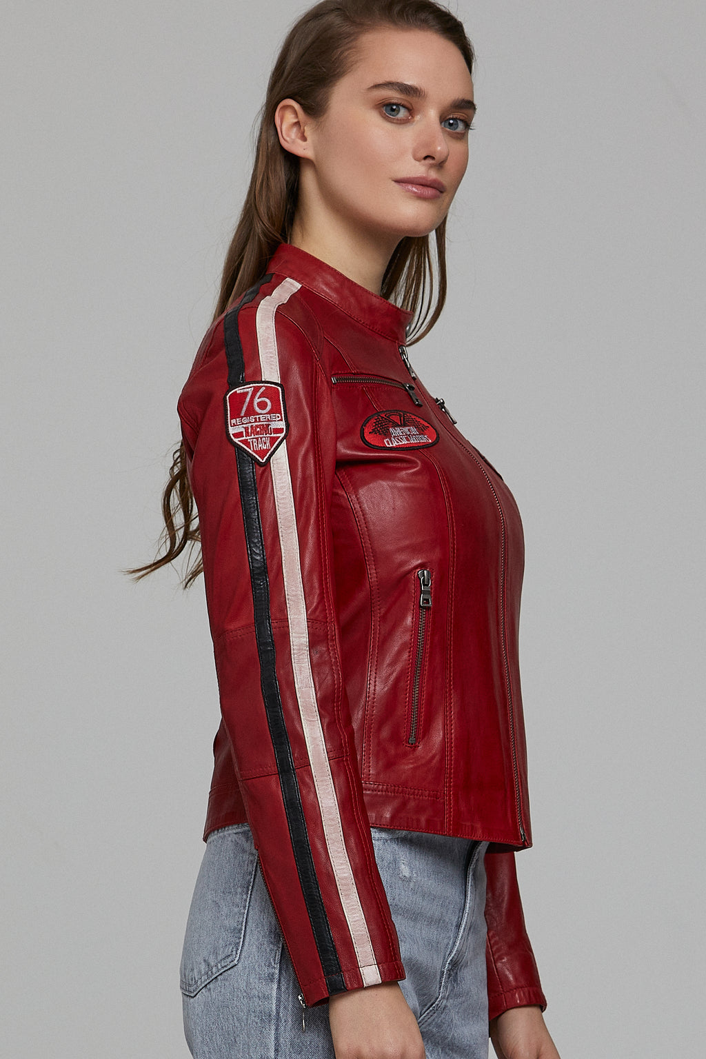 Ladyracer Kadın Kırmızı Armalı Spor Deri Mont
