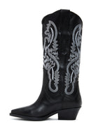 Women's Black Patterned Leather Cowboy Boots | Derimod Women's Black Patterned Leather Cowboy Boots | Derimod