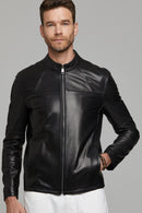 Neymar Men's Black Slim-Fit Short Leather Jacket | Derimod Neymar Men's Black Slim-Fit Short Leather Jacket | Derimod
