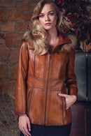 Rachel Women's Camel Hooded Fur Leather Coat | Derimod Rachel Women's Camel Hooded Fur Leather Coat | Derimod
