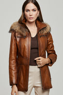 Rachel Women's Camel Hooded Fur Leather Coat | Derimod Rachel Women's Camel Hooded Fur Leather Coat | Derimod