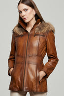 Rachel Women's Camel Hooded Fur Leather Coat | Derimod Rachel Women's Camel Hooded Fur Leather Coat | Derimod