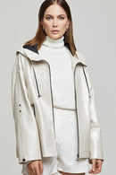 Jennifer Women's Beige Hooded Oversize Leather Jacket | Derimod Jennifer Women's Beige Hooded Oversize Leather Jacket | Derimod