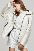 Jennifer Women's Beige Hooded Oversize Leather Jacket | Derimod Jennifer Women's Beige Hooded Oversize Leather Jacket | Derimod