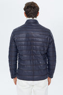 Locatelli Men's Navy Blue Nubuck Puffer Leather Jacket | Derimod Locatelli Men's Navy Blue Nubuck Puffer Leather Jacket | Derimod