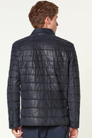 Locatelli Men's Navy Blue Nubuck Puffer Leather Jacket | Derimod Locatelli Men's Navy Blue Nubuck Puffer Leather Jacket | Derimod