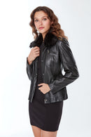 Belinda Women's Black Leather Jacket with Fur Collar | Derimod Belinda Women's Black Leather Jacket with Fur Collar | Derimod