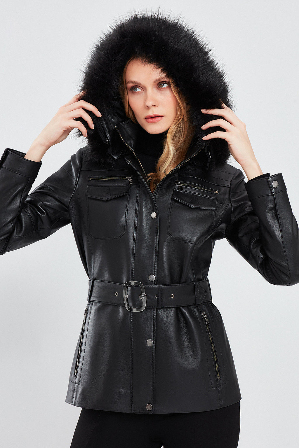 Lavinia Kadın Siyah Kapüşonlu Kürklü Deri Kaban
