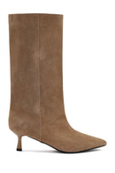 Women's Beige Thin Heeled Suede Leather Boot | Derimod Women's Beige Thin Heeled Suede Leather Boot | Derimod