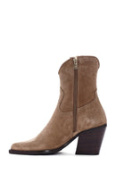 Women's Tan Zippered Suede Leather Cowboy Boots | Derimod Women's Tan Zippered Suede Leather Cowboy Boots | Derimod