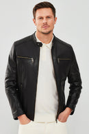 Demar Men's Black Slim-Fit Leather Jacket | Derimod Demar Men's Black Slim-Fit Leather Jacket | Derimod
