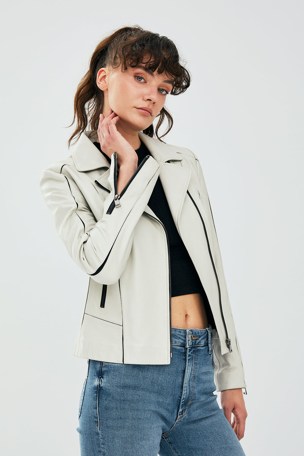 Kiara Kadın Bej Slim-Fit Biker Deri Ceket