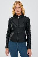 Tiffany Women's Black Slim-Fit Short Leather Jacket | Derimod Tiffany Women's Black Slim-Fit Short Leather Jacket | Derimod