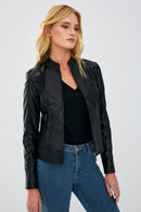 Tiffany Women's Black Slim-Fit Short Leather Jacket | Derimod Tiffany Women's Black Slim-Fit Short Leather Jacket | Derimod