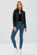 Tiffany Women's Black Slim-Fit Short Leather Jacket | Derimod Tiffany Women's Black Slim-Fit Short Leather Jacket | Derimod