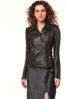 Cindy Women's Black Biker Stretch-Fit Leather Jacket | Derimod Cindy Women's Black Biker Stretch-Fit Leather Jacket | Derimod