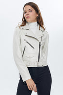 Newage Women's Beige Biker Leather Jacket | Derimod Newage Women's Beige Biker Leather Jacket | Derimod