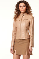 Alexa Women's Sand Leather Jacket | Derimod Alexa Women's Sand Leather Jacket | Derimod