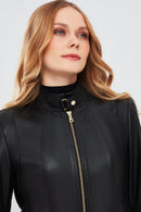 Angie Women's Black Short Leather Jacket | Derimod Angie Women's Black Short Leather Jacket | Derimod