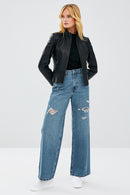 Mary Women's Black Short Leather Jacket | Derimod Mary Women's Black Short Leather Jacket | Derimod