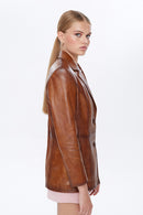 Barbara Women's Camel Long Leather Jacket | Derimod Barbara Women's Camel Long Leather Jacket | Derimod