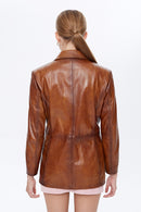 Barbara Women's Camel Long Leather Jacket | Derimod Barbara Women's Camel Long Leather Jacket | Derimod