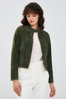 Laura Women's Khaki Suede Leather Jacket | Derimod Laura Women's Khaki Suede Leather Jacket | Derimod