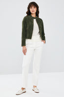 Laura Women's Khaki Suede Leather Jacket | Derimod Laura Women's Khaki Suede Leather Jacket | Derimod