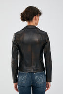 Olivia Women's Black Stretch-Fit Leather Jacket | Derimod Olivia Women's Black Stretch-Fit Leather Jacket | Derimod