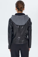 Zoom Women's Black Hooded Sports Leather Jacket | Derimod Zoom Women's Black Hooded Sports Leather Jacket | Derimod