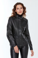 Meg Women's Black Leather Jacket | Derimod Meg Women's Black Leather Jacket | Derimod