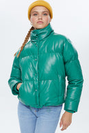 Barcelona Women's Green Puffer Leather Coat | Derimod Barcelona Women's Green Puffer Leather Coat | Derimod