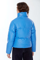 Barcelona Women's Blue Puffer Leather Coat | Derimod Barcelona Women's Blue Puffer Leather Coat | Derimod