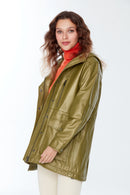 Victoria Women's Khaki Hooded Leather Coat | Derimod Victoria Women's Khaki Hooded Leather Coat | Derimod