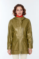Victoria Women's Khaki Hooded Leather Coat | Derimod Victoria Women's Khaki Hooded Leather Coat | Derimod
