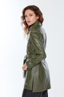 Anastasia Women's Khaki Long Leather Jacket | Derimod Anastasia Women's Khaki Long Leather Jacket | Derimod