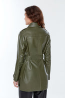 Anastasia Women's Khaki Long Leather Jacket | Derimod Anastasia Women's Khaki Long Leather Jacket | Derimod