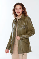 Isabel Women's Khaki Long Leather Parka | Derimod Isabel Women's Khaki Long Leather Parka | Derimod