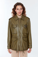 Isabel Women's Khaki Long Leather Parka | Derimod Isabel Women's Khaki Long Leather Parka | Derimod