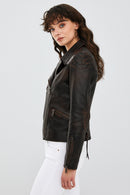 Xuma Kadın Kahverengi Vintage Oversize Biker Deri Ceket | Derimod Xuma Kadın Kahverengi Vintage Oversize Biker Deri Ceket | Derimod