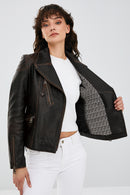 Xuma Kadın Kahverengi Vintage Oversize Biker Deri Ceket | Derimod Xuma Kadın Kahverengi Vintage Oversize Biker Deri Ceket | Derimod
